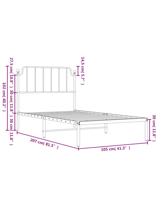 Metallist voodiraam peatsiga, must, 100x200 cm