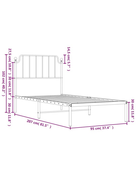 Metallist voodiraam peatsiga, valge, 90 x 200 cm