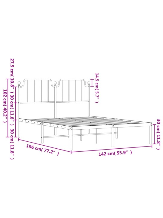 Metallist voodiraam peatsiga, valge, 135x190 cm