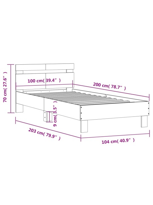 Voodiraam peatsiga, hall sonoma tamm, 100 x 200 cm, tehispuit