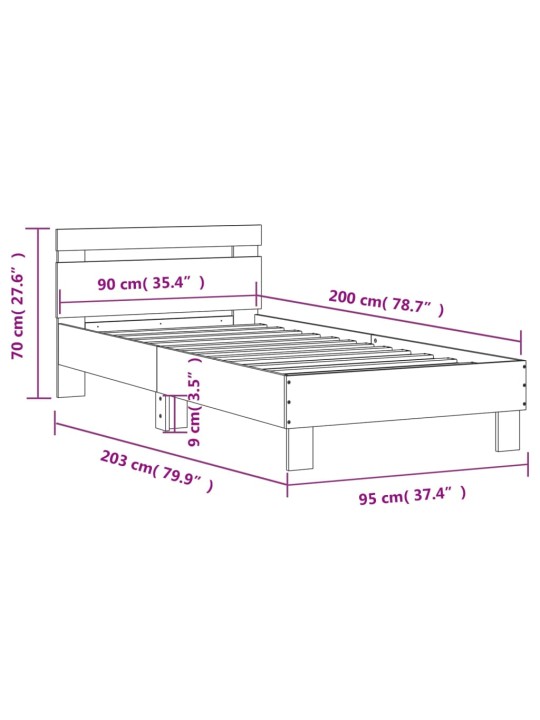 Voodiraam peatsiga, hall sonoma tamm, 90 x 200 cm, tehispuit