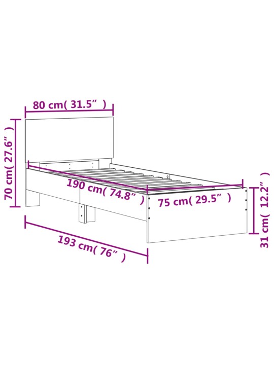 Voodiraam peatsiga, hall sonoma tamm, 75x190 cm, tehispuit