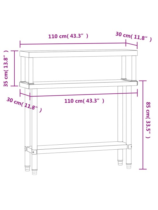 Köögi töölaud riiuliga, 110 x 30 x 120 cm, roostevaba teras