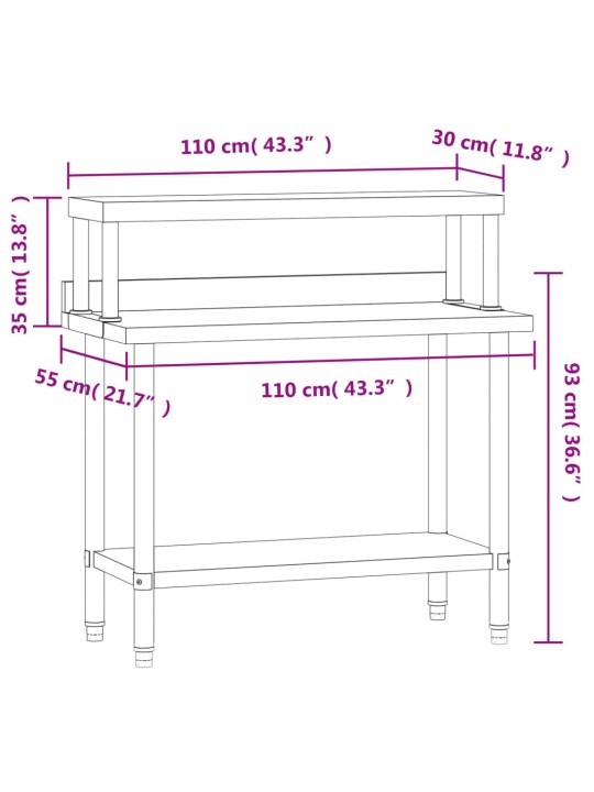 Köögi töölaud riiuliga, 110 x 55 x 120 cm, roostevaba teras