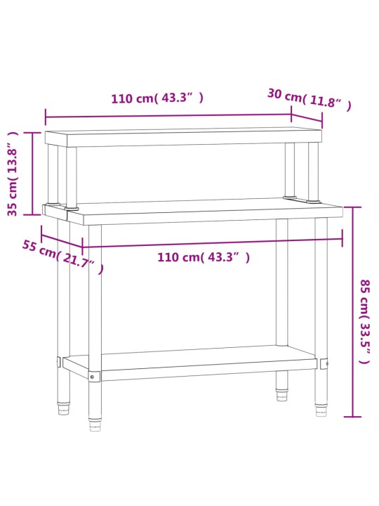 Köögi töölaud riiuliga, 110 x 55 x 120 cm, roostevaba teras