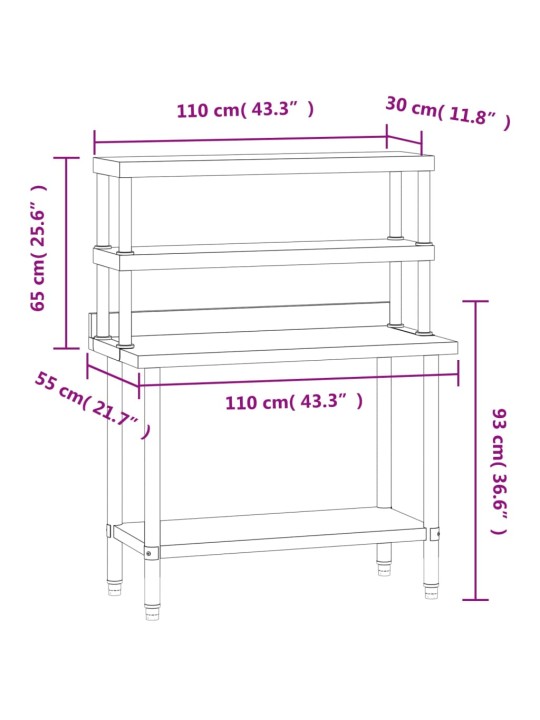 Köögi töölaud riiuliga, 110 x 55 x 150 cm, roostevaba teras