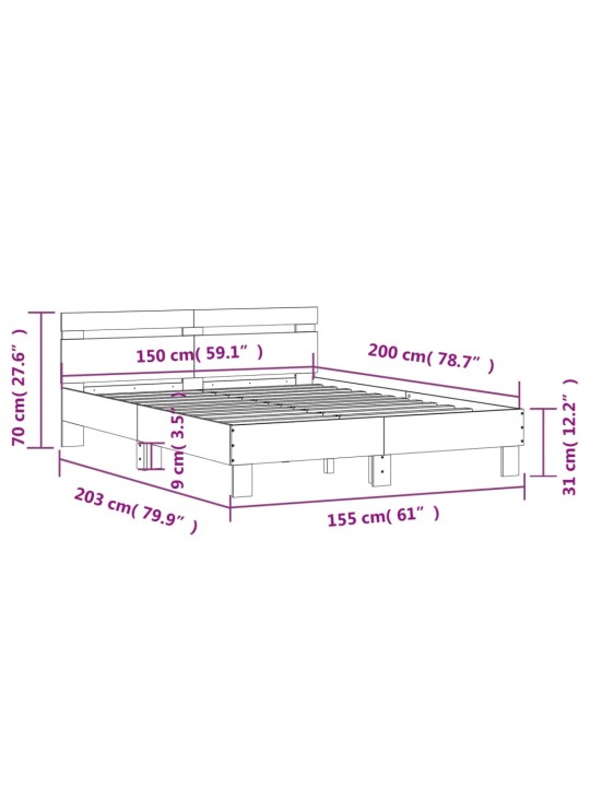 Voodiraam peatsiga, hall sonoma tamm, 150x200 cm, tehispuit