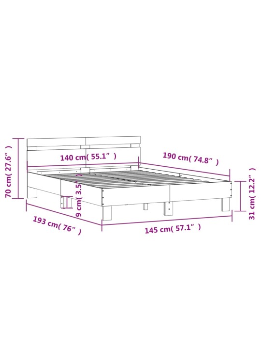 Voodiraam peatsiga, hall sonoma tamm, 140 x 190 cm, tehispuit