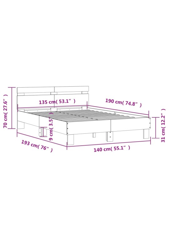 Voodiraam peatsiga, hall sonoma tamm, 135 x 190 cm, tehispuit