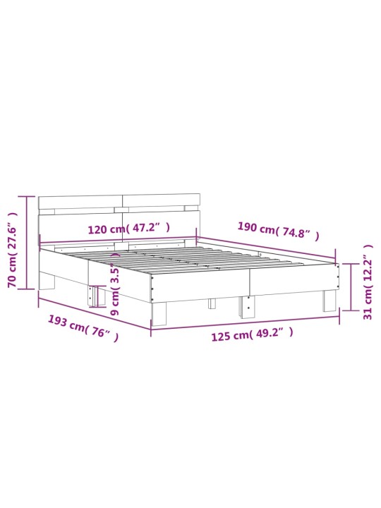 Voodiraam peatsiga, hall sonoma tamm, 120 x 190 cm, tehispuit