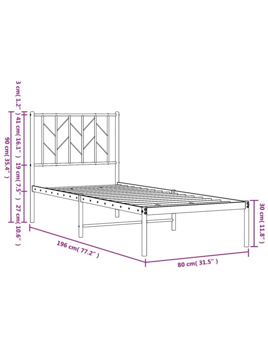 Metallist voodiraam peatsiga, must, 75x190 cm