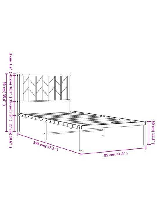 Metallist voodiraam peatsiga, valge, 90 x 190 cm