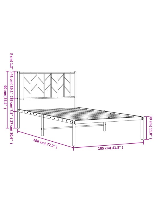 Metallist voodiraam peatsiga, valge, 100 x 190 cm