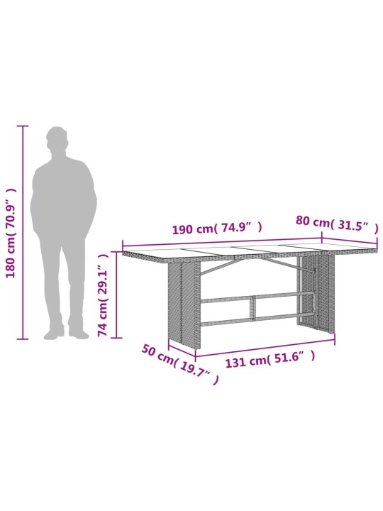Aialaud klaasplaadiga, pruun, 190 x 80 x 74 cm, polürotang