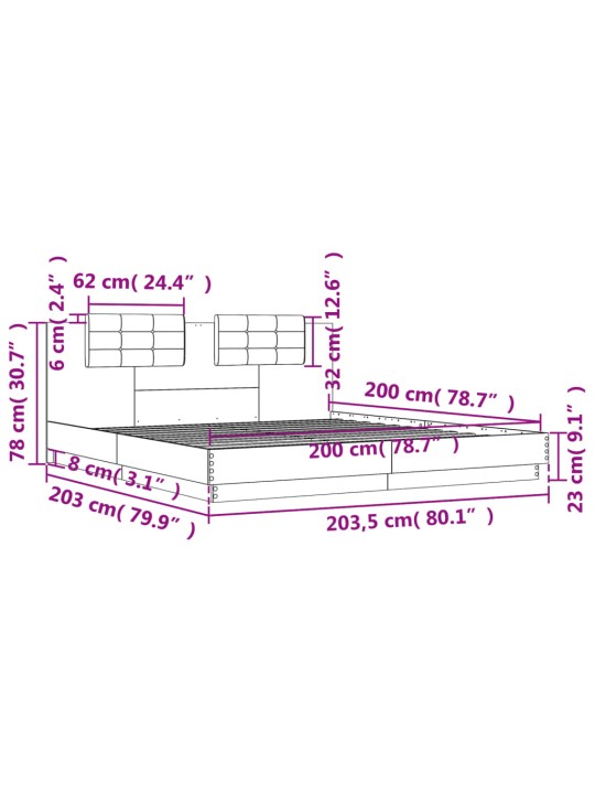 Voodiraam peatsiga, hall sonoma tamm, 200x200 cm, tehispuit