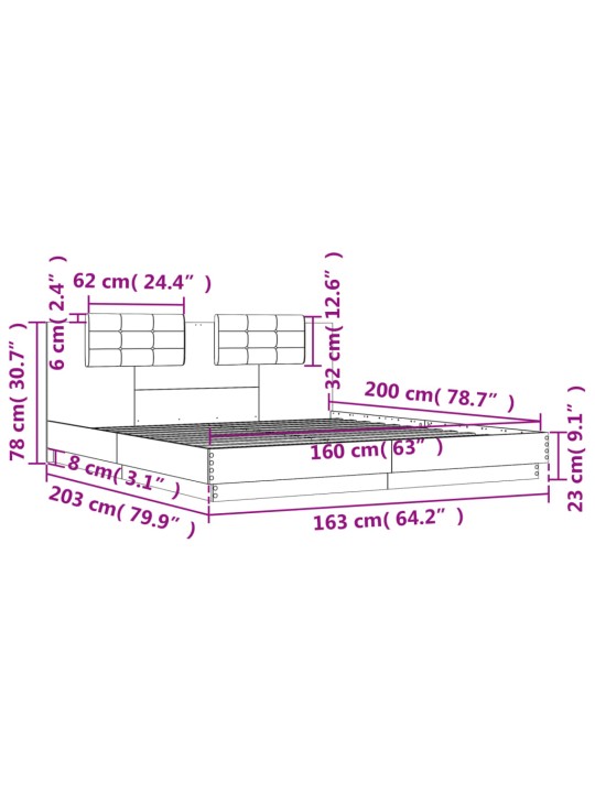 Voodiraam peatsiga, hall sonoma tamm, 160 x 200 cm, tehispuit