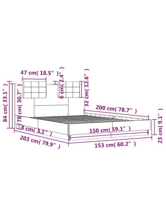 Voodiraam peatsiga, hall sonoma tamm, 150x200 cm, tehispuit