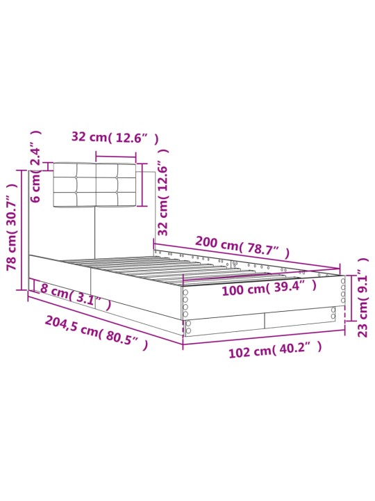 Voodiraam peatsiga, hall sonoma tamm, 100 x 200 cm, tehispuit