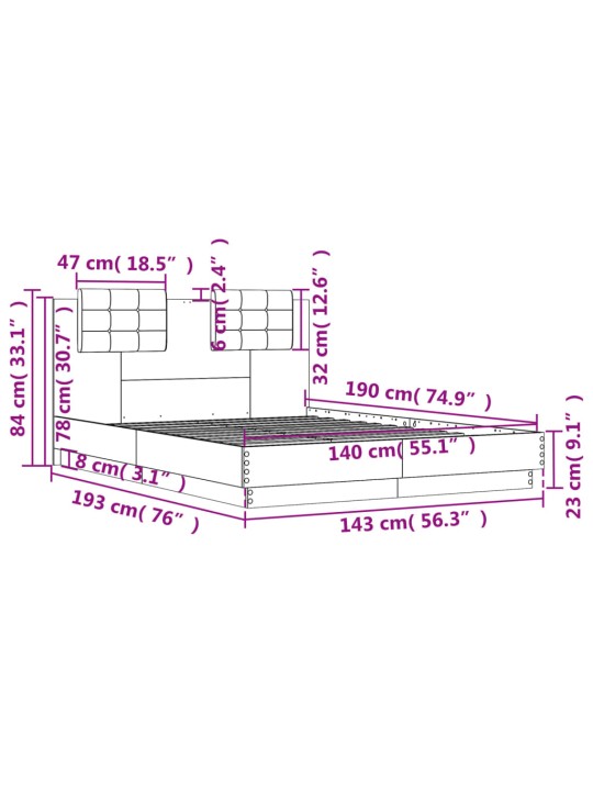 Voodiraam peatsiga, hall sonoma tamm, 140 x 190 cm, tehispuit