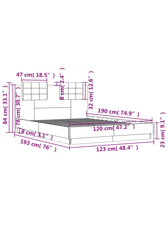 Voodiraam peatsiga, hall sonoma tamm, 120 x 190 cm, tehispuit