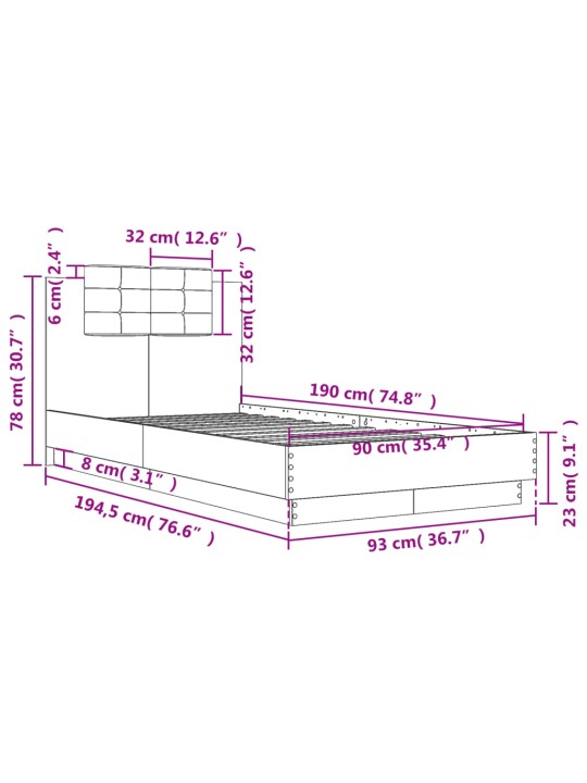 Voodiraam peatsiga, hall sonoma tamm, 90 x 190 cm, tehispuit