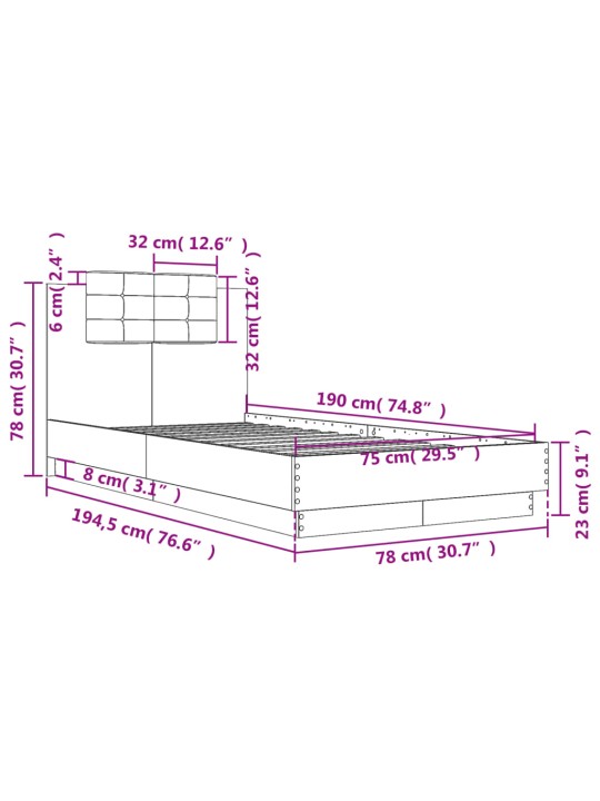 Voodiraam peatsiga, hall sonoma tamm, 75x190 cm, tehispuit