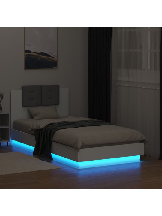 Voodiraam peatsi ja LED-tuledega, valge, 90 x 190 cm