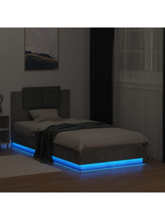 Voodiraam peatsi ja LED-tuledega, betoonhall, 90x190 cm