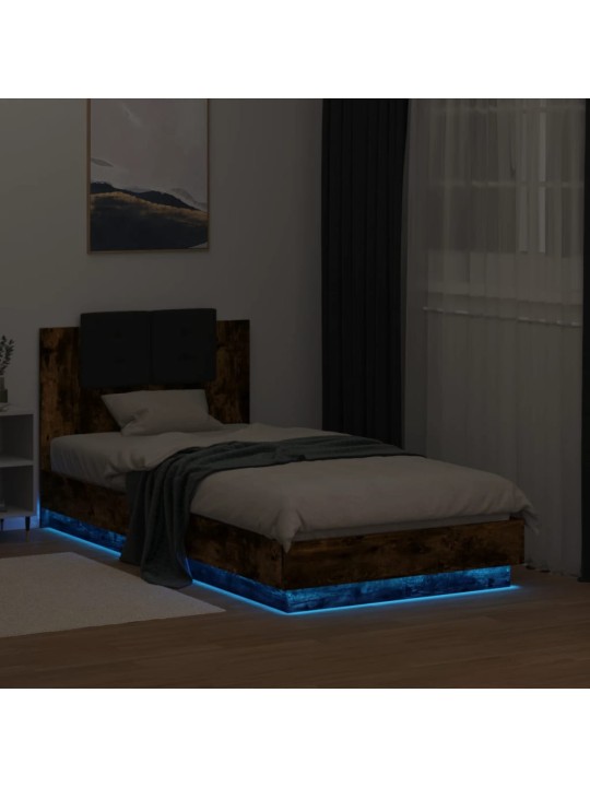 Voodiraam peatsi ja LED-tuledega,suitsutatud tamm, 90x190 cm