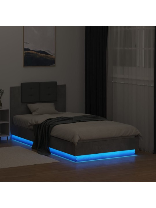 Voodiraam peatsi ja LED-tuledega, betoonhall, 75x190 cm