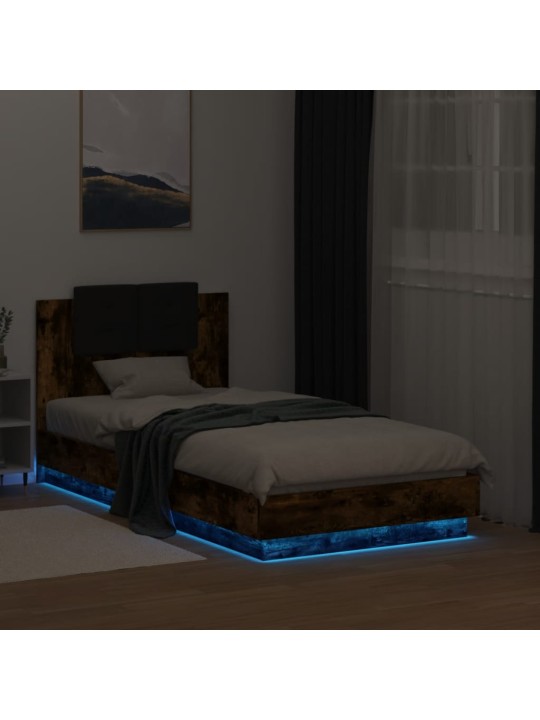 Voodiraam peatsi ja LED-tuledega,suitsutatud tamm, 75x190 cm