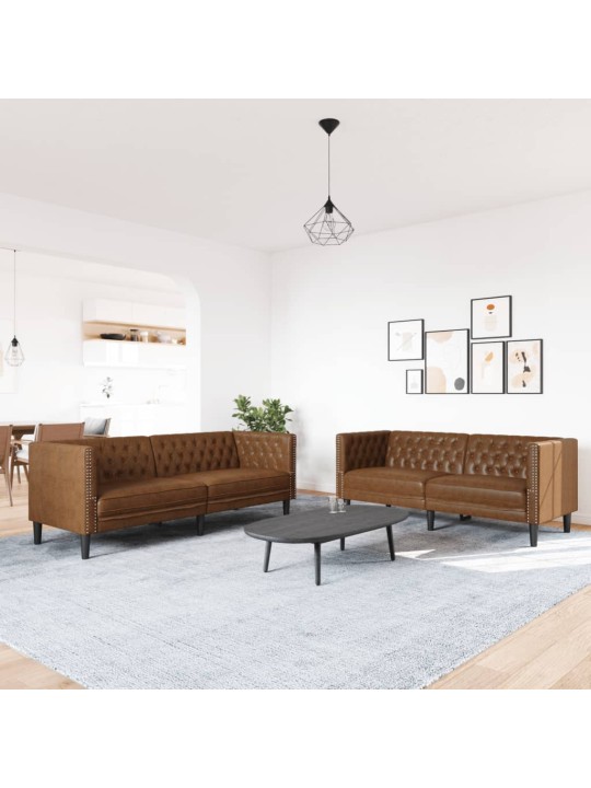 2-OSALINE CHESTERFIELDI DIIVANIKOMPLEKT, PRUUN KUNSTNAHK