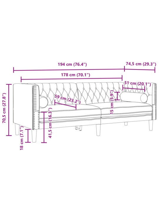 3-osaline diivanite komplekt rullpatjadega, helehall, samet