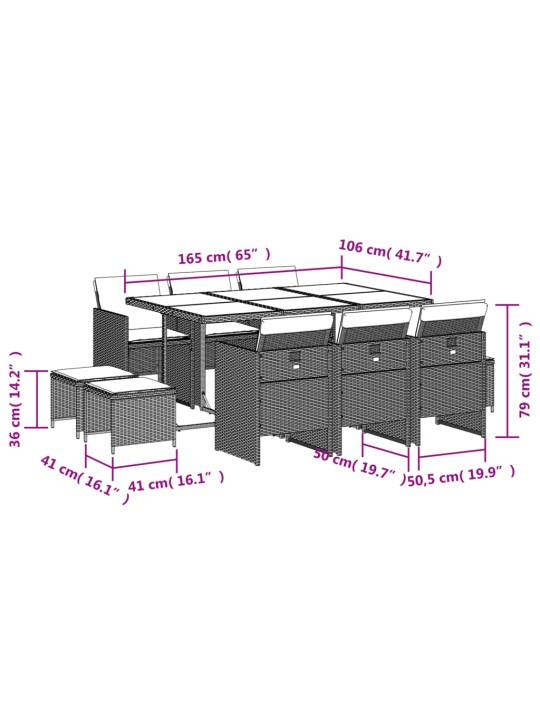 11-osaline aia söögimööbli komplekt patjadega, pruun, pe-rotang
