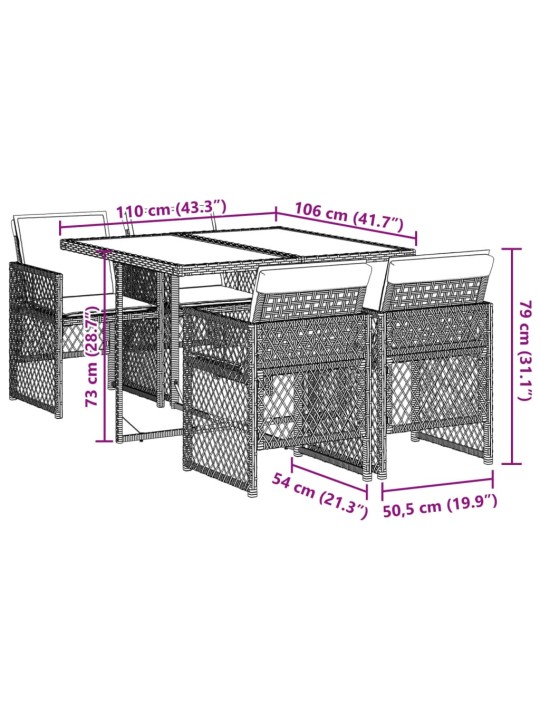 5-osaline aiamööbli komplekt patjadega, hall, polürotang