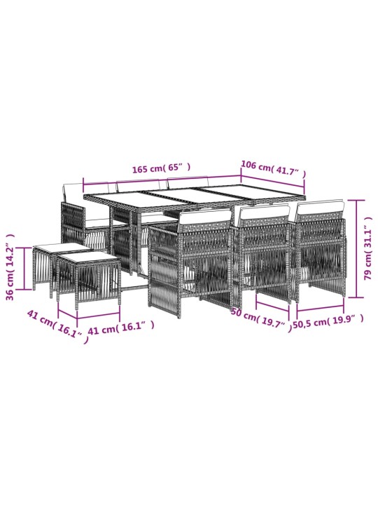 11-osaline aia söögimööbli komplekt patjadega, pruun, pe-rotang