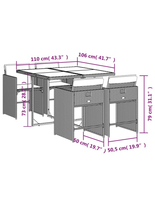 5-osaline aia söögimööbli komplekt patjadega, pruun, polürotang