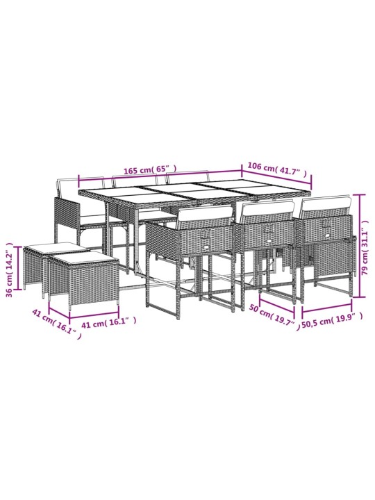 11-osaline aia söögimööbli komplekt patjadega, pruun, pe-rotang