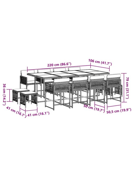 13-osaline aia söögimööbli komplekt patjadega, pruun, pe-rotang