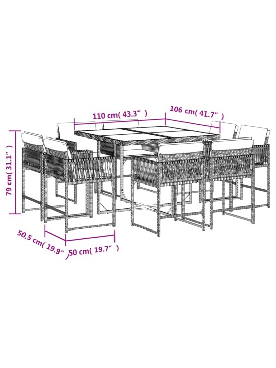 9-osaline aiamööbli komplekt patjadega, must, polürotang