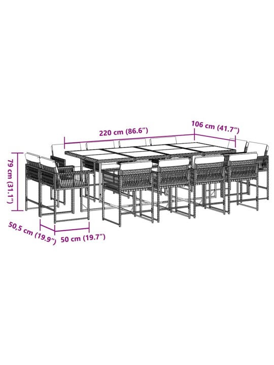 13-osaline aia söögimööbli komplekt patjadega, pruun, pe-rotang