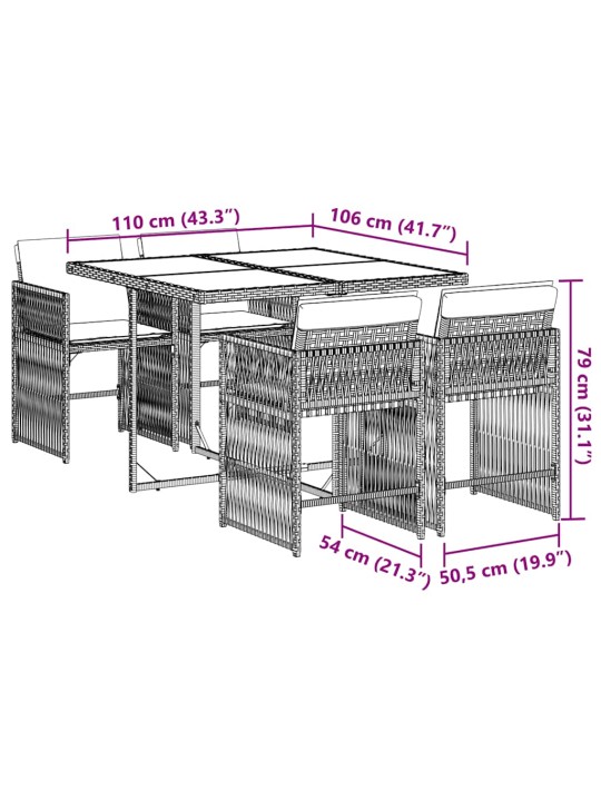 5-osaline aia söögimööbli komplekt patjadega, pruun, polürotang
