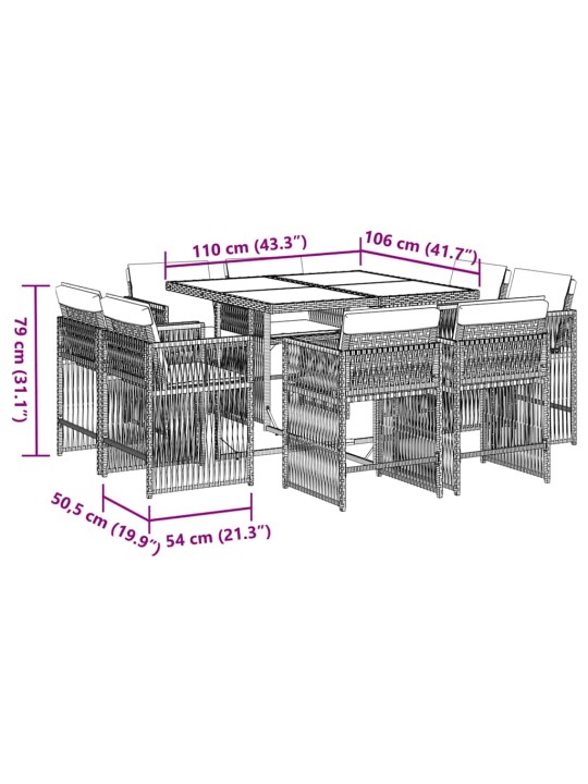 9-osaline aia söögimööbli komplekt patjadega, pruun, polürotang
