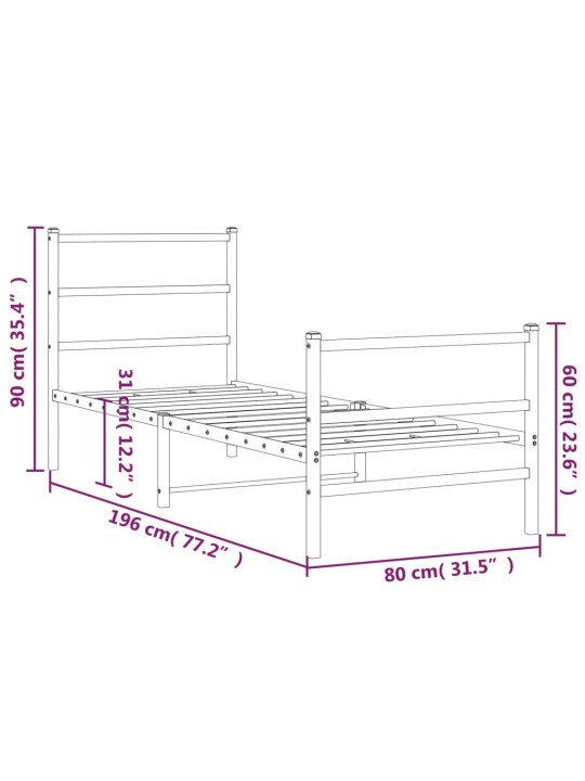 Metallist voodiraam peatsi ja jalutsiga , valge, 75x190 cm