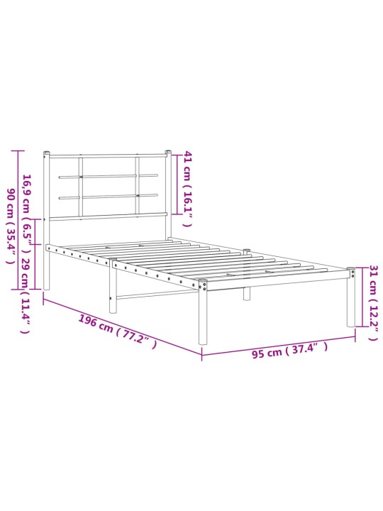 Metallist voodiraam peatsiga, must, 90 x 190 cm