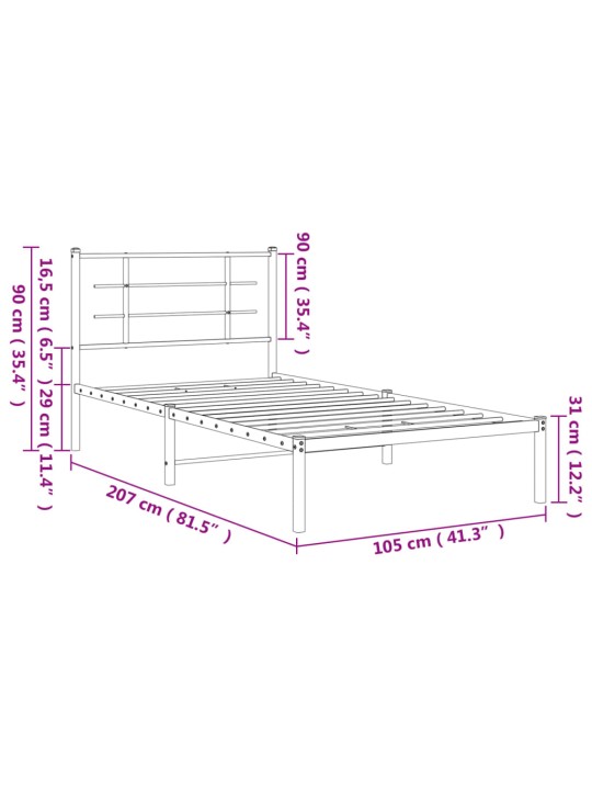 Metallist voodiraam peatsiga, must, 100x200 cm
