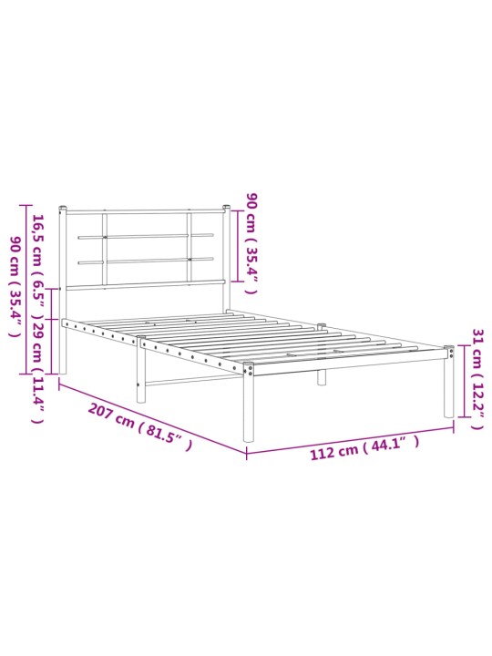 Metallist voodiraam peatsiga, must, 107 x 203 cm