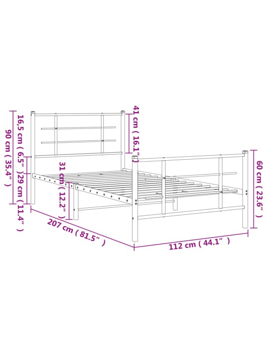 Metallist voodiraam peatsi ja jalutsiga, must, 107 x 203 cm