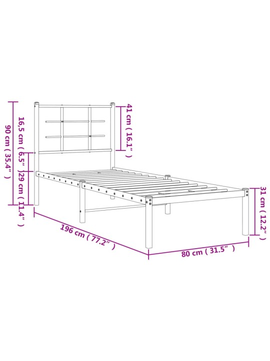 Metallist voodiraam peatsiga, valge, 75x190 cm