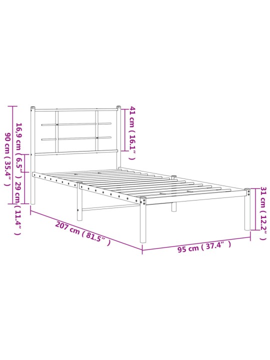 Metallist voodiraam peatsiga, valge, 90 x 200 cm